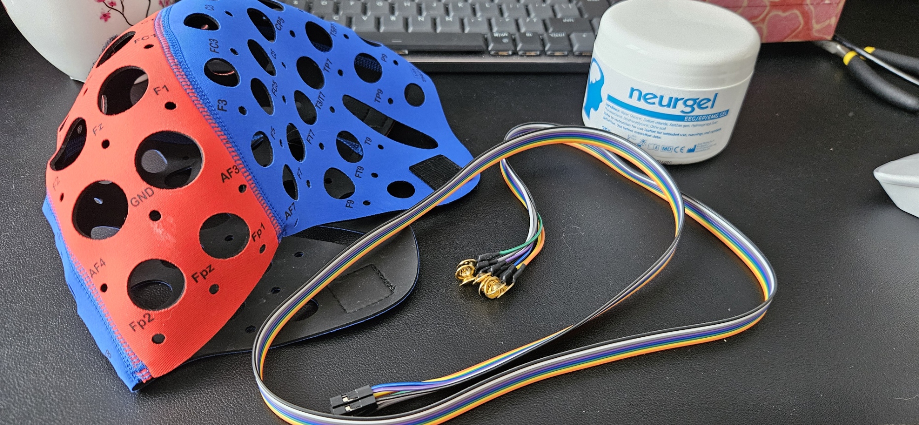 EEG cap, wet electrodes, and conductive gel