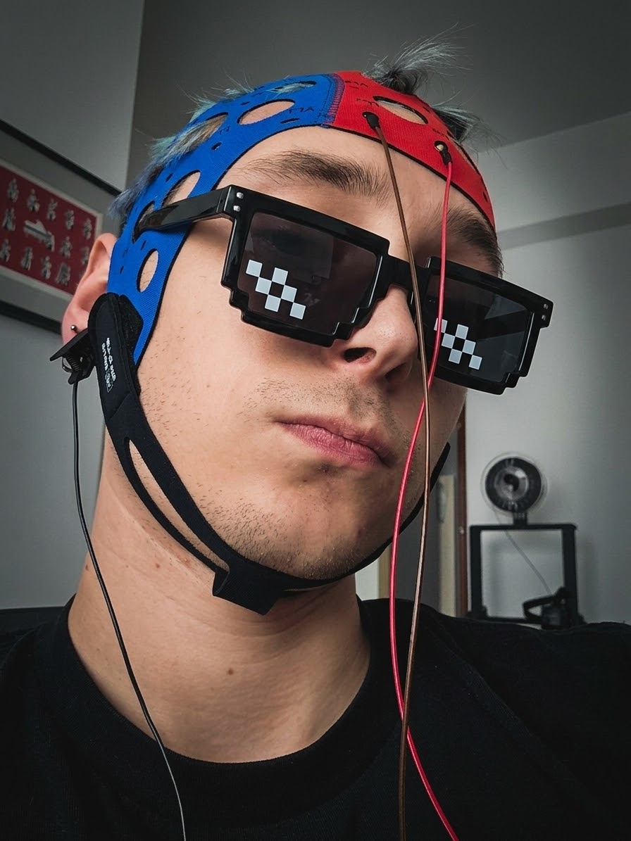 Wearing the EEG cap during the first Fp1 proof-of-concept recording